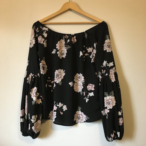 Black Off Shoulder Sleeve Floral Mother of Pearl Button Up Blouse - Picture 2 of 14